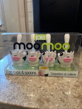 Joie Cow Egg Cups & Spoons Set – White, Black, Pink